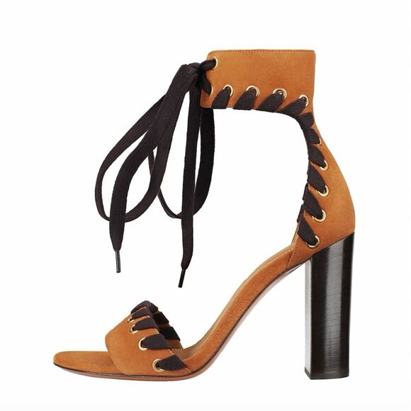 Chloe Shoes - Chloe Miles Whipstitch Strap Lace-Up Suede Sandals Pumps Shoes Size 38 / 8